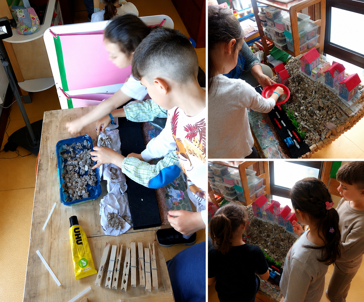 As crianças deram vida à sua maquete através da reutilização de diversos materiais, explorando texturas, formas e técnicas de construção para representar a sua escola e a comunidade envolvente