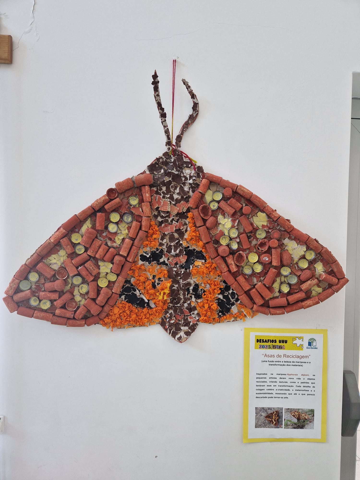 A ‘Asas de Reciclagem’ em exposição no hall de entrada da escola.