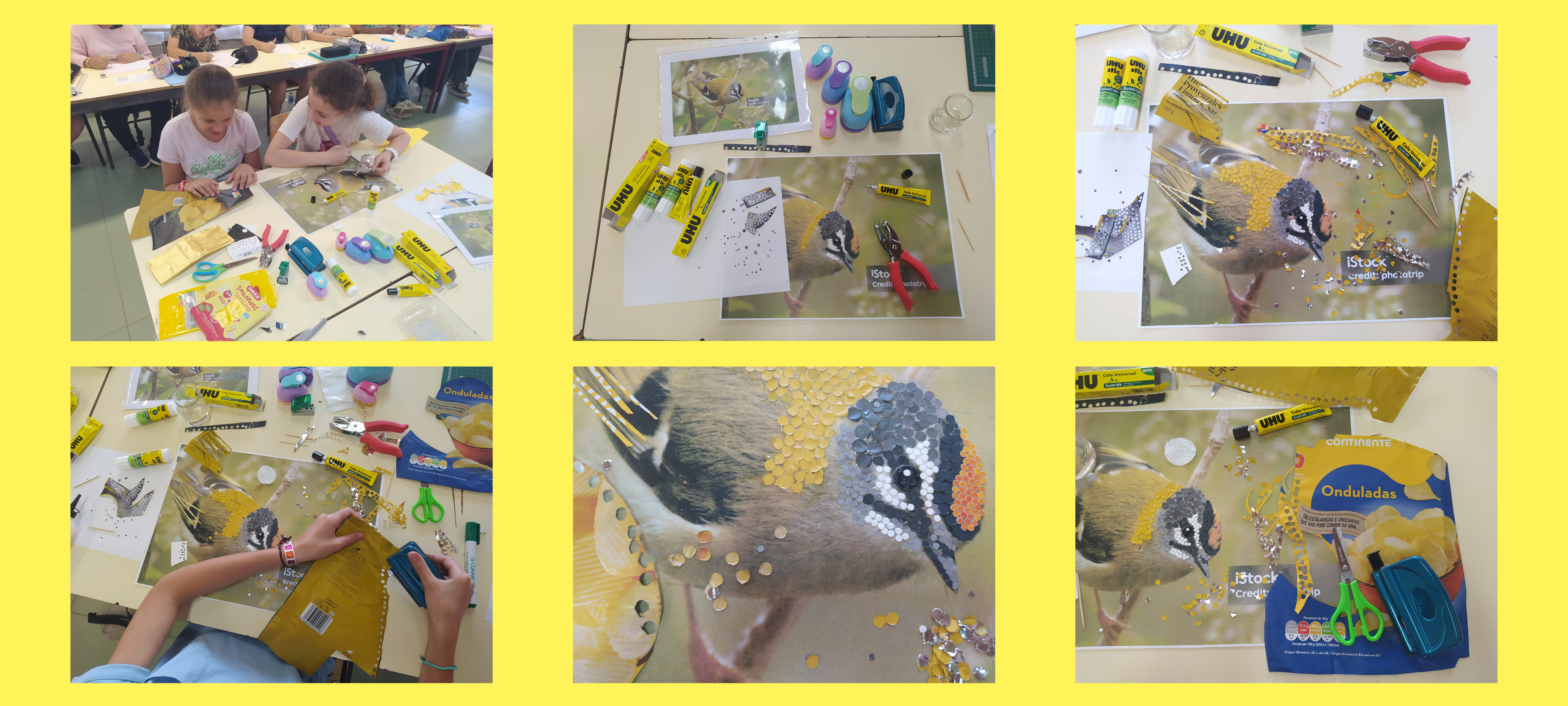 Foto 6 – Materiais utilizados: furadores de vários tamanhos, embalagens com diferentes cores, tons e texturas e cola UHU, incluindo da gama ReNature.